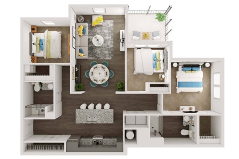 Floor plan for 3 beds, 2 baths, 1247 sqft